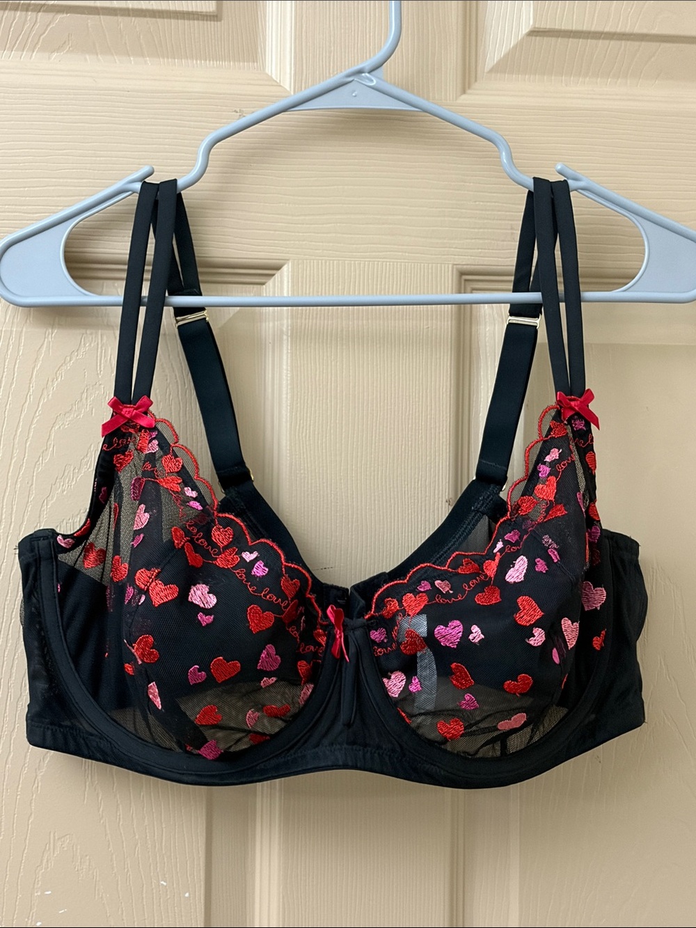 Cacique Black Sheer Underwire Bra with Red & Pink Heart Embroidery